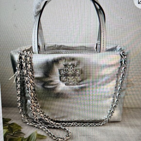 Tory Burch Britten Metallic Silver Puffy Mini Tote Crossbody Purse 171345 - Picture 4 of 4